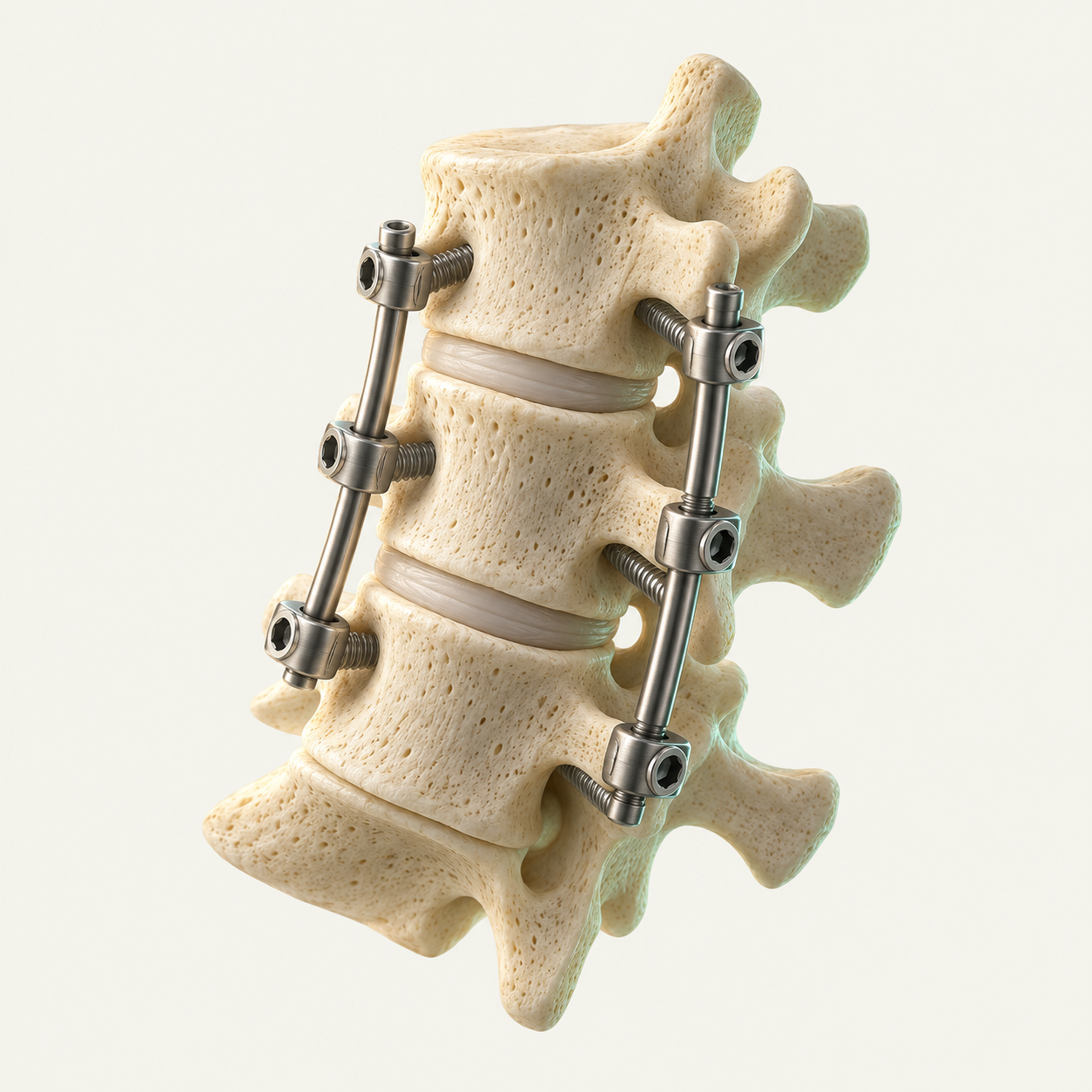 Concept illustration of three lumbar vertebrae with fixation rods and screws. An illustration, not a clinical model.