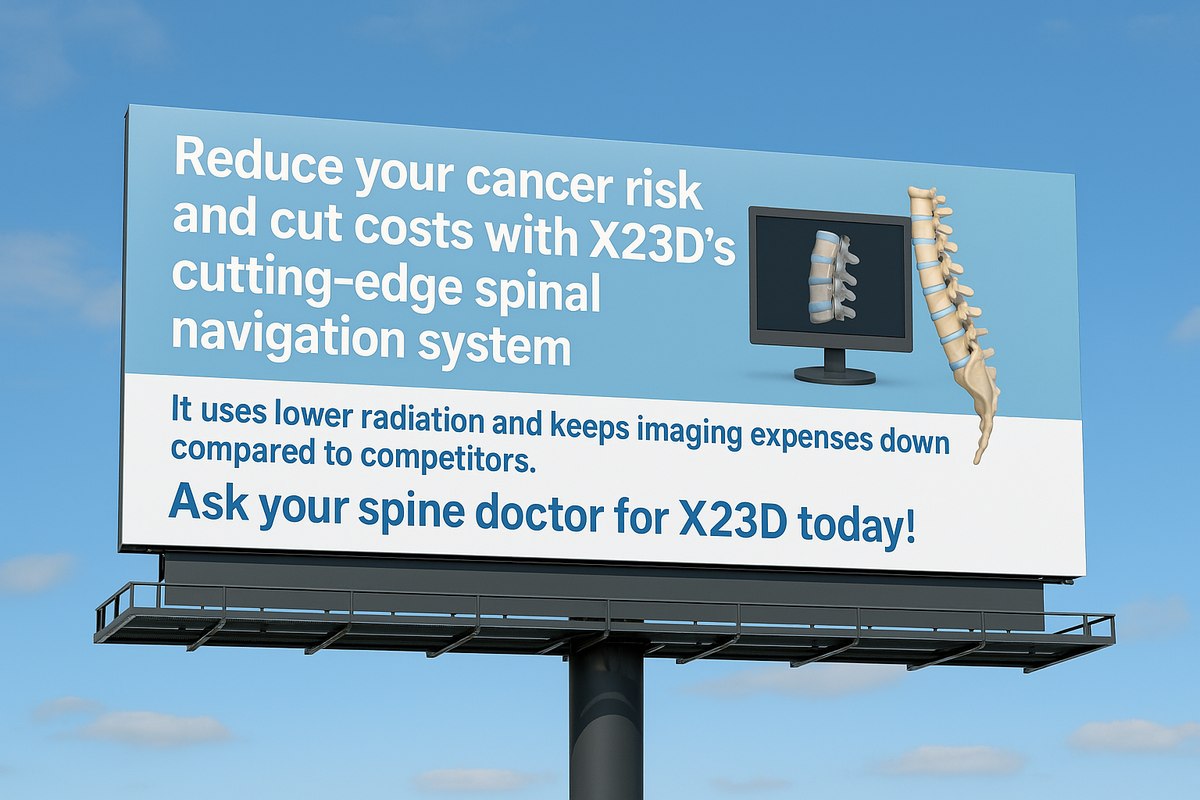 Mockup of an outdoor billboard reading 'Reduce your cancer risk and cut costs with X23D's cutting-edge spinal navigation system,' with an image of a monitor showing a spine.