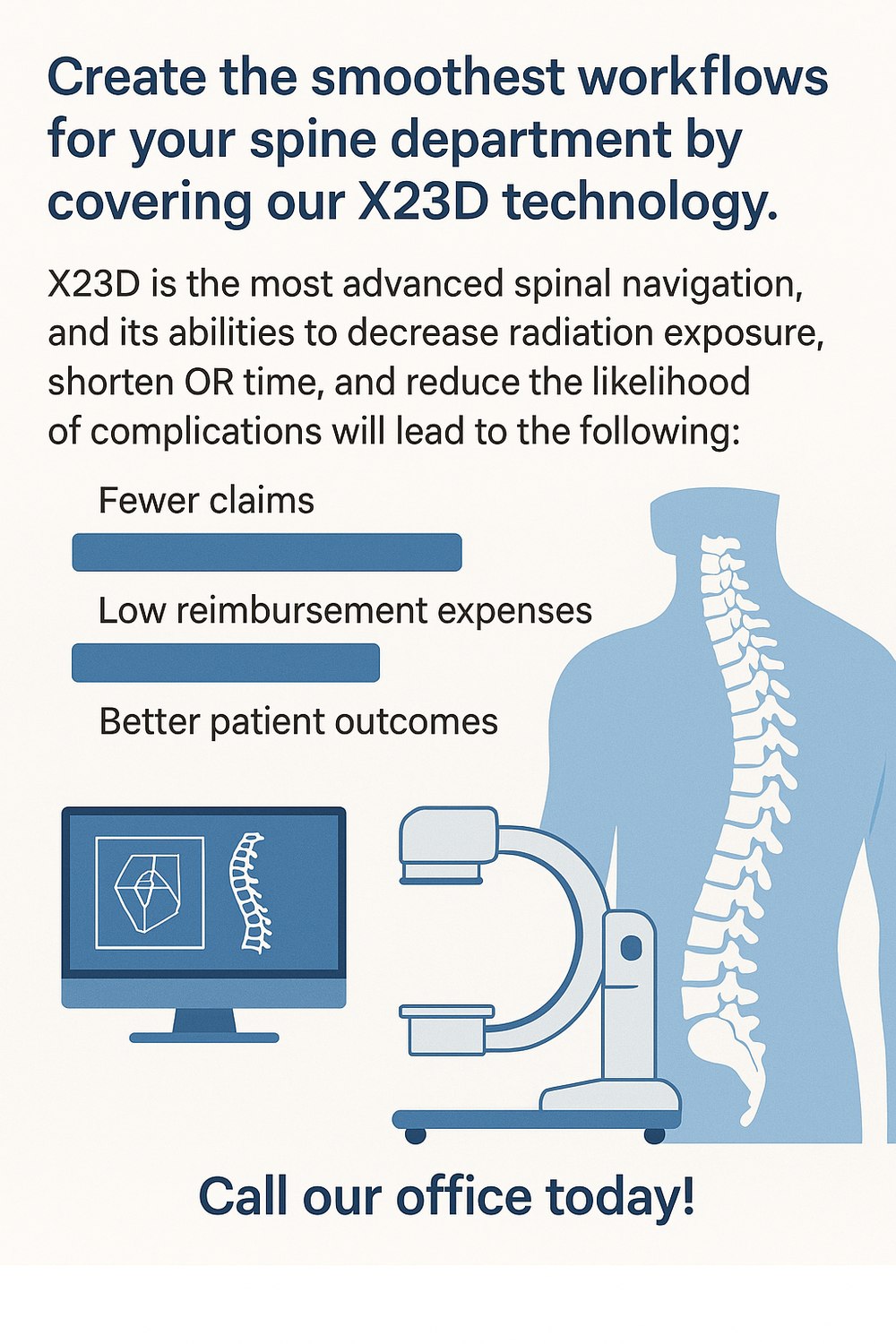 Mockup of a LinkedIn / conference flyer titled 'Create the smoothest workflows for your spine department by covering our X23D technology,' listing fewer claims, low reimbursement expenses, and better patient outcomes.